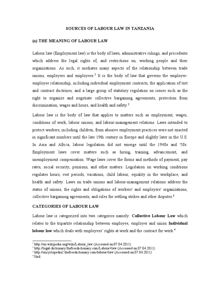 Sources of Labour Law in Tanzania PDF International Labour