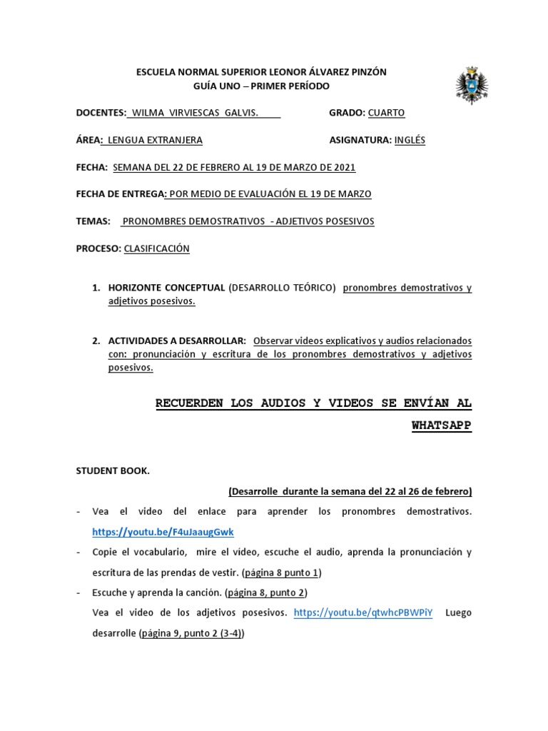 GRADO CUARTO ENGLISH PRIMER PERÍODO GUÍA UNO PDF Lingüística