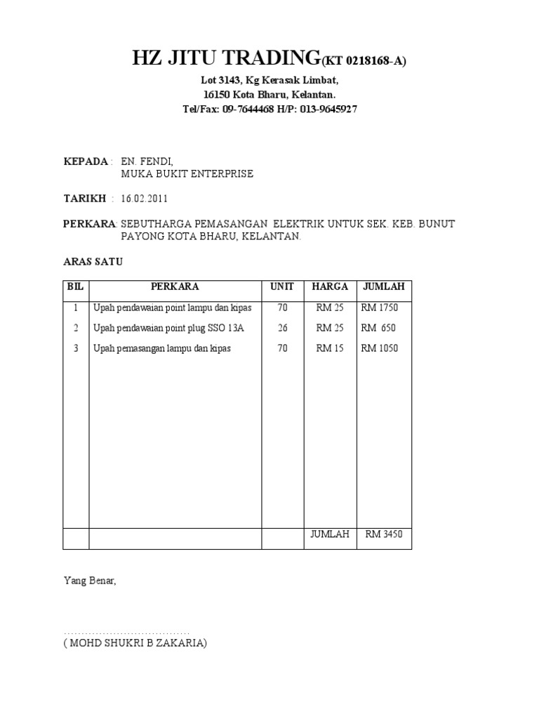 Contoh Sebut Harga
