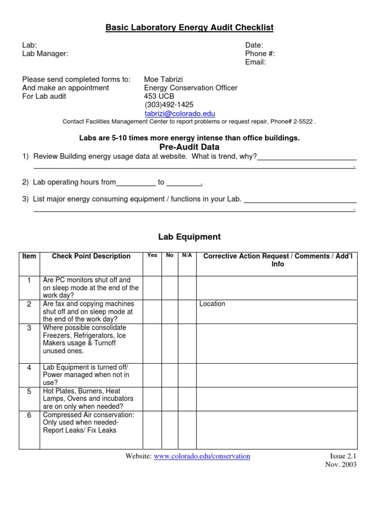Laboratory Energy Audit Checklist | PDF | Hvac | Energy Conservation