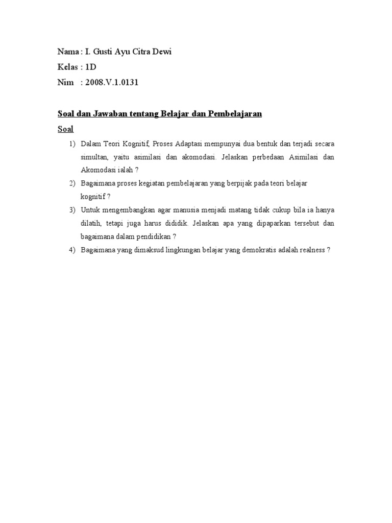 Soal Dan Jawaban Tentang Belajar Dan Pembelajaran
