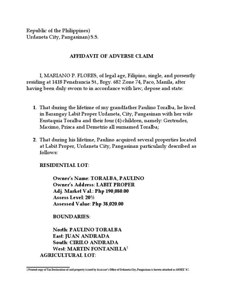 Affidavit of Adverse Claim in Urdaneta | PDF | Affidavit | Justice