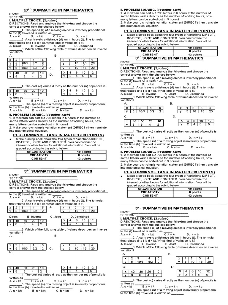 3rd Summative Test Pdf Speed Mathematics