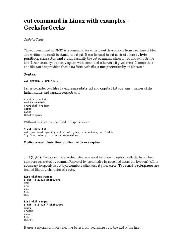 Cut Command in Linux With Examples PDF Text File