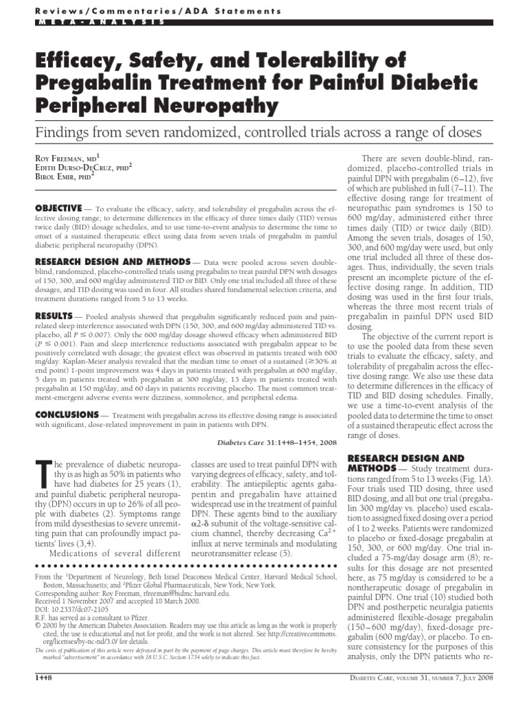 Efficacy, Safety, and Tolerability of Pregabalin Treatment For Paintful ...