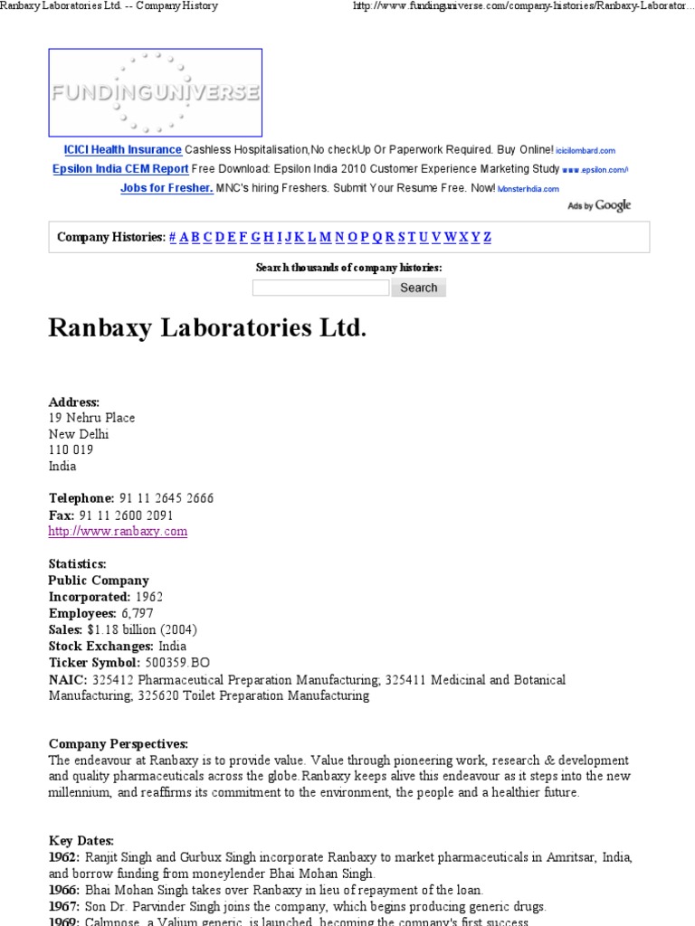 Ranbaxy Laboratories Ltd. Company History PDF Generic Drug