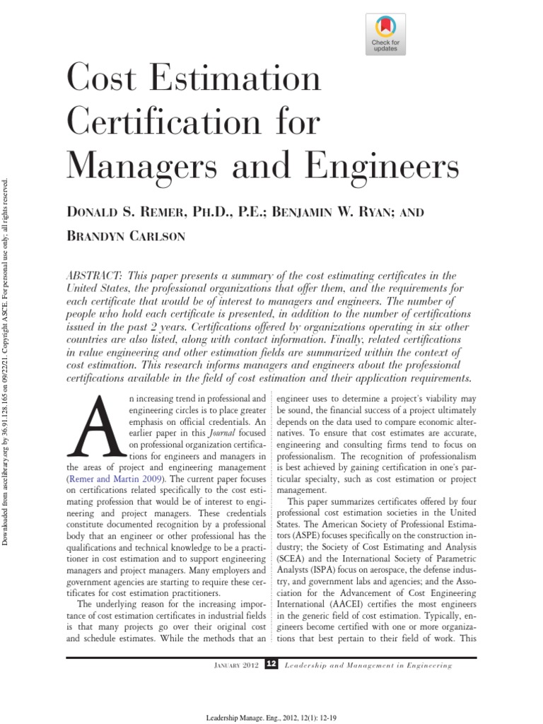 Cost Estimation Certification For Managers and Engineers D S. R, P .D