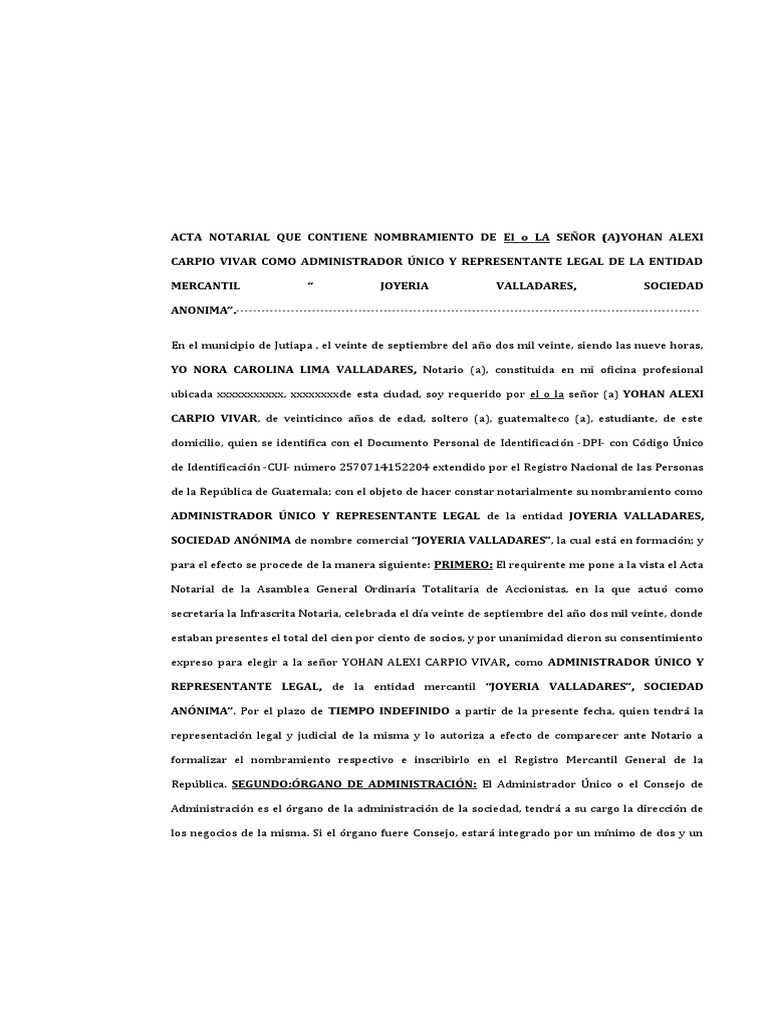 Acta Notarial Que Contiene Nombramiento De Administrador Unico Y