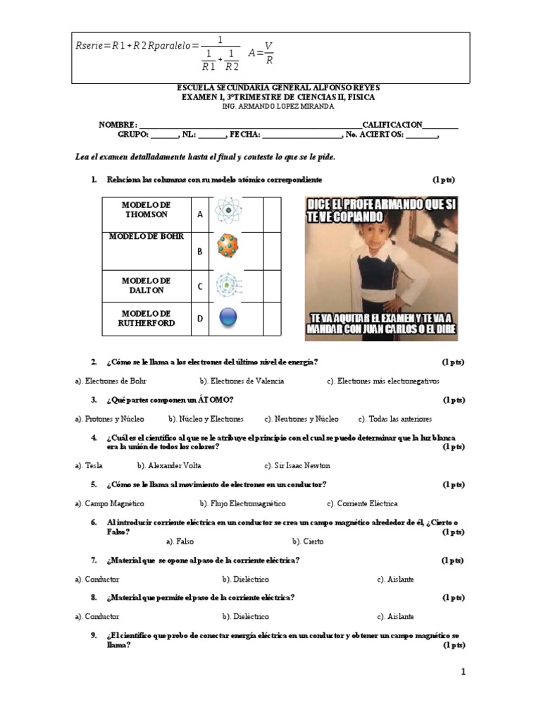 Examen Fisica Secundaria 3er Trimestre | PDF | Electrón | Núcleo atómico