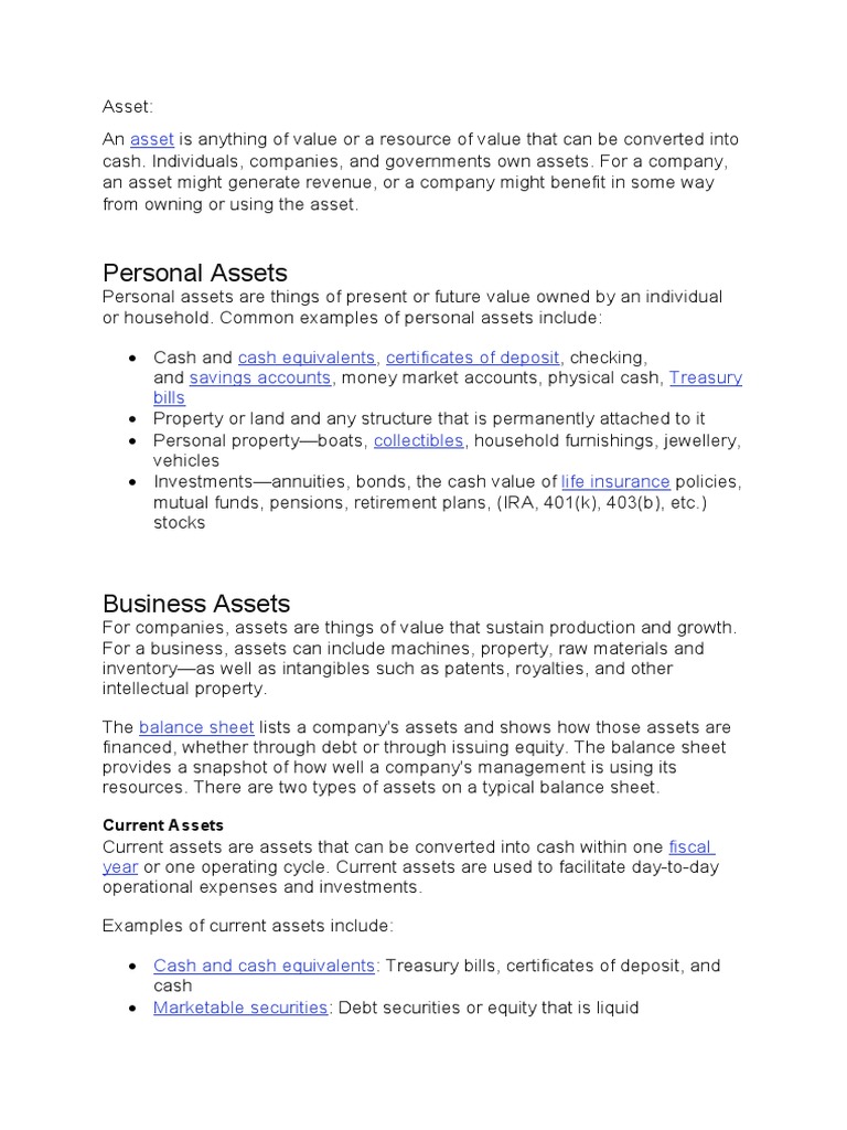 Personal Assets: Asset | PDF | Fixed Asset | Balance Sheet