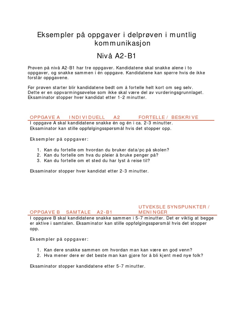 Eksempler Pa Oppgaver I Delproven I Muntlig Kommunikasjon Niva A2 b1 ...