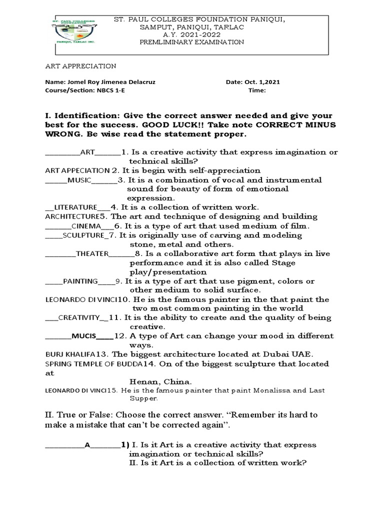 Share Prelim Exam (Art Appreciation) PDF Paintings The Arts