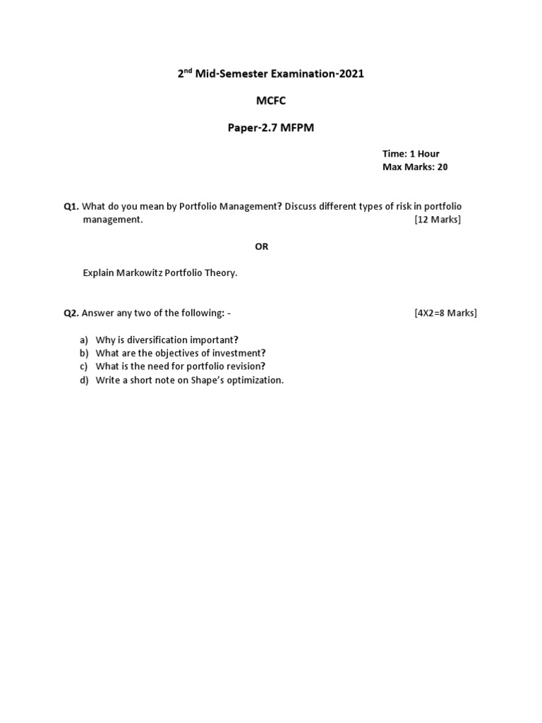 2 Mid-Semester Examination-2021 MCFC Paper-2.7 MFPM: Time: 1 Hour Max ...