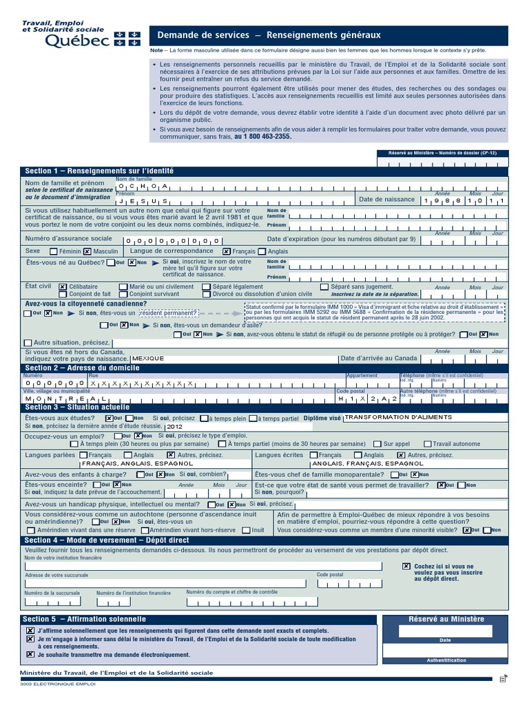 Formulaire Aide Sociale Québec CP-12 | PDF