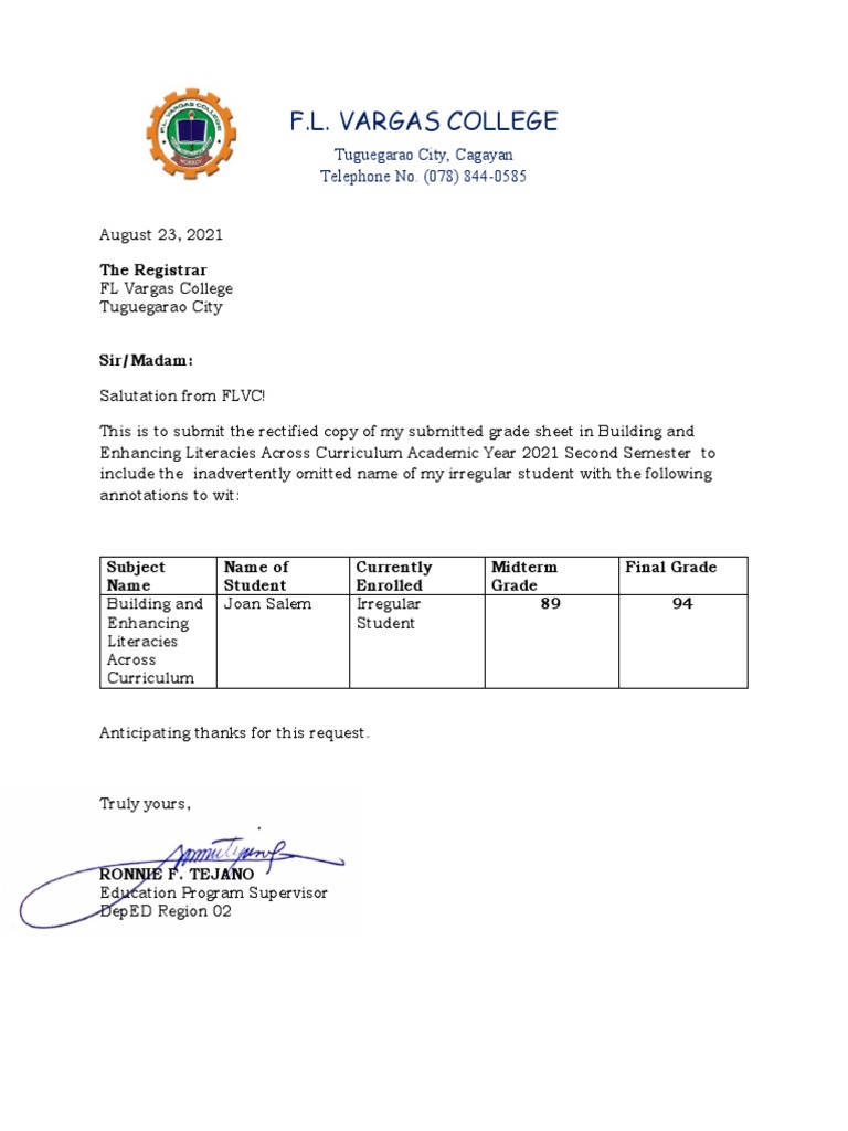 Letter Rectify Grade PDF