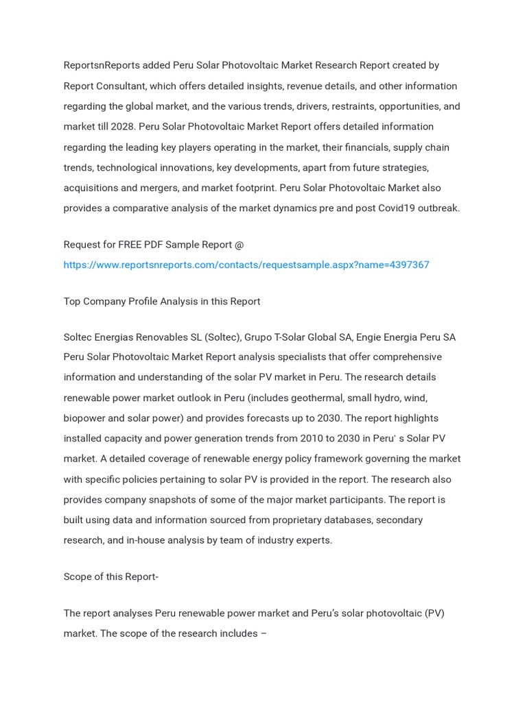 Peru Solar Photovoltaic Market Report | PDF | Solar Power | Renewable ...
