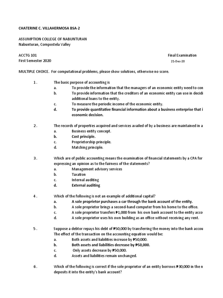Accounting 101 Finals PDF Debits And Credits Expense
