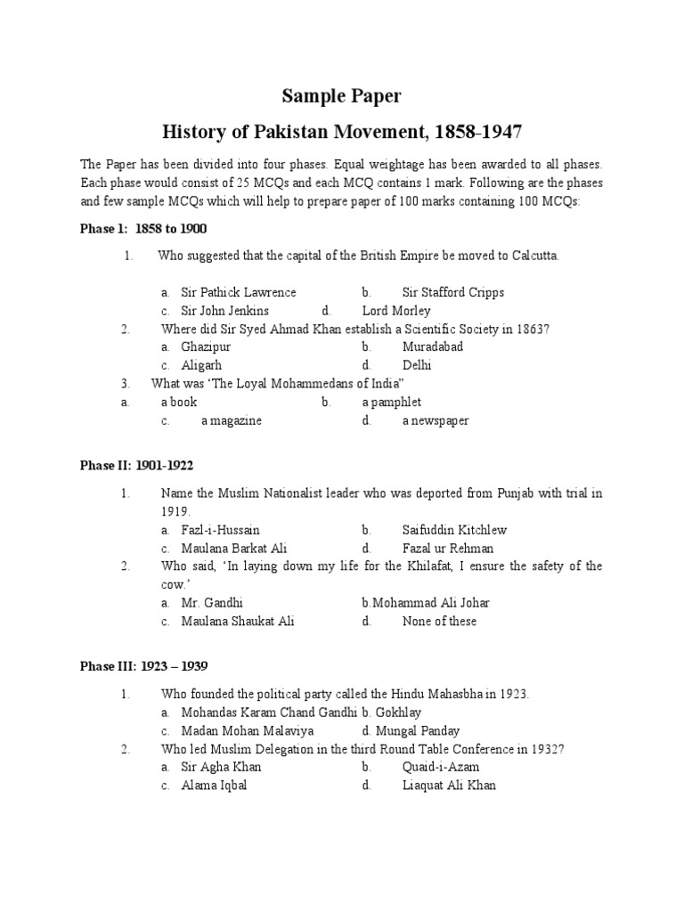 Pakistan Movement MCQs: 1858-1947 | PDF | Muhammad Ali Jinnah ...