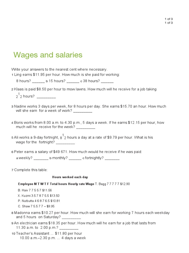 Wages and Salaries Worksheet Download Free PDF Expense Workplace