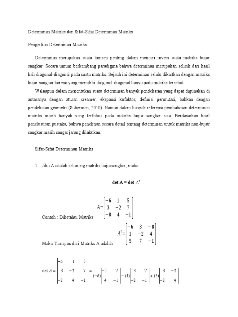 Sifat dan Pengertian Determinan Matriks | PDF