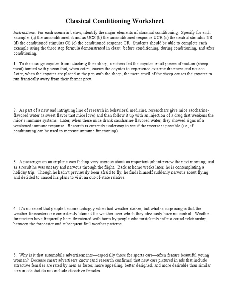 Classical Conditioning Worksheet 1 | Classical Conditioning