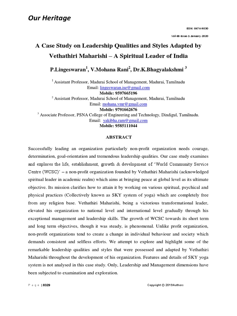 Vethathiri Maharishi Leadership Qualities and Styles (Published Case
