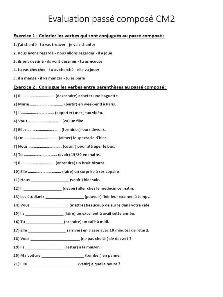 évaluation Sur Le Passé Composé Cm2 Evaluation Passe Compose Cm2 | PDF