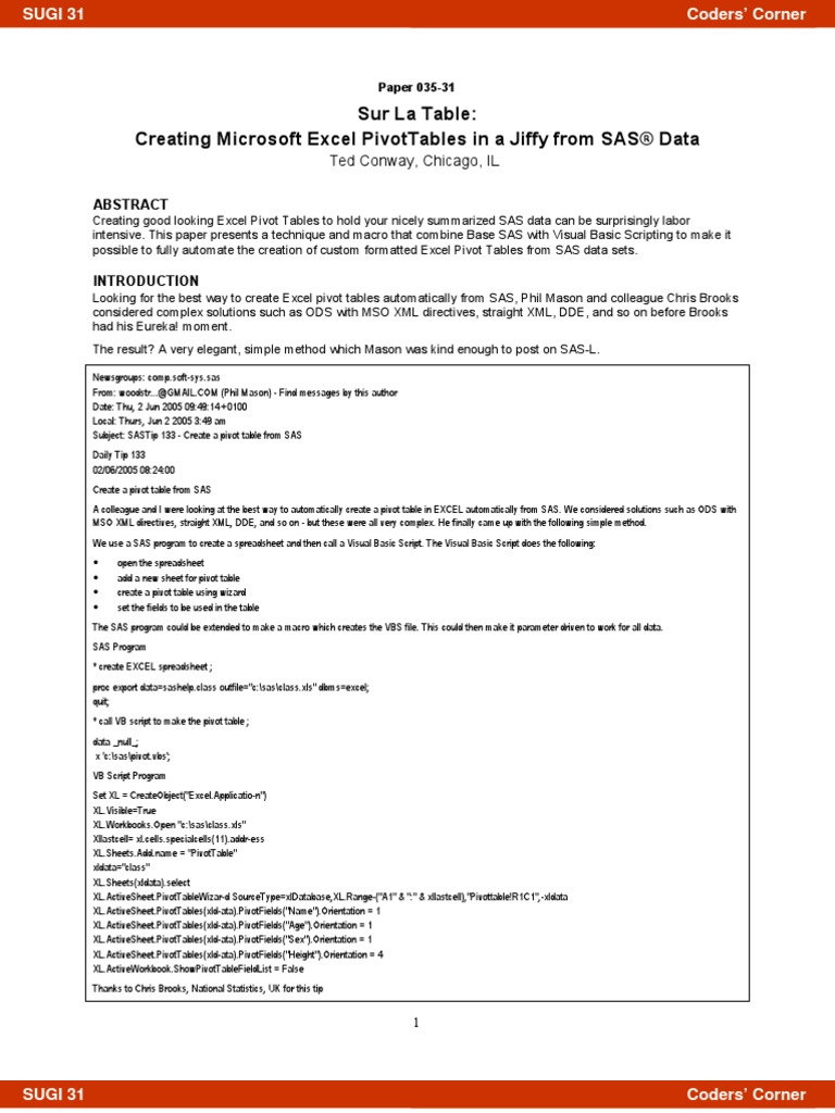 Creating Excel PivotTables From SAS Data | PDF | Microsoft Excel ...