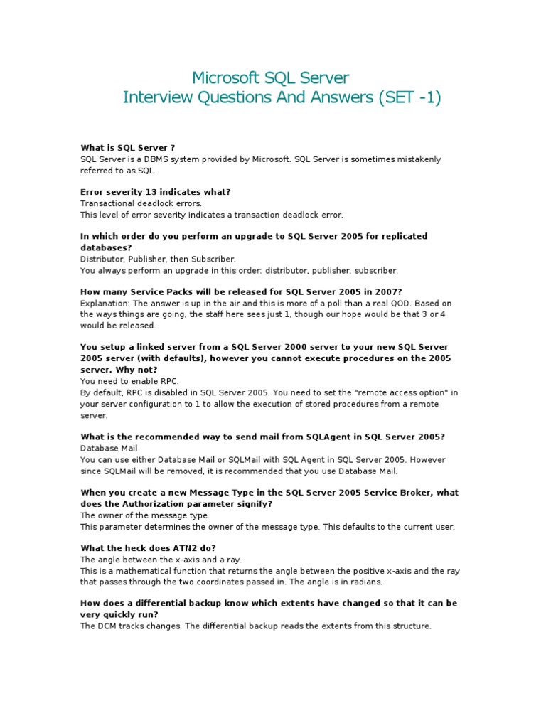 Microsoft SQL Server Interview Questions and Answers (SET - 1) | PDF ...