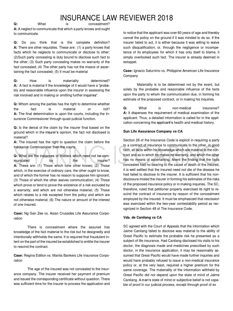 2018 Insurance Law Reviewer Guide | PDF | Insurance | Life Insurance