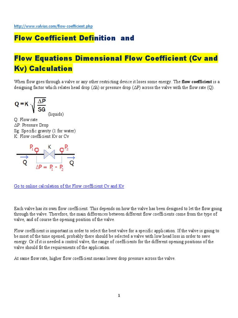 Flow Equations & Flow Coefficient (CV and KV) Calculation PDF Fluid