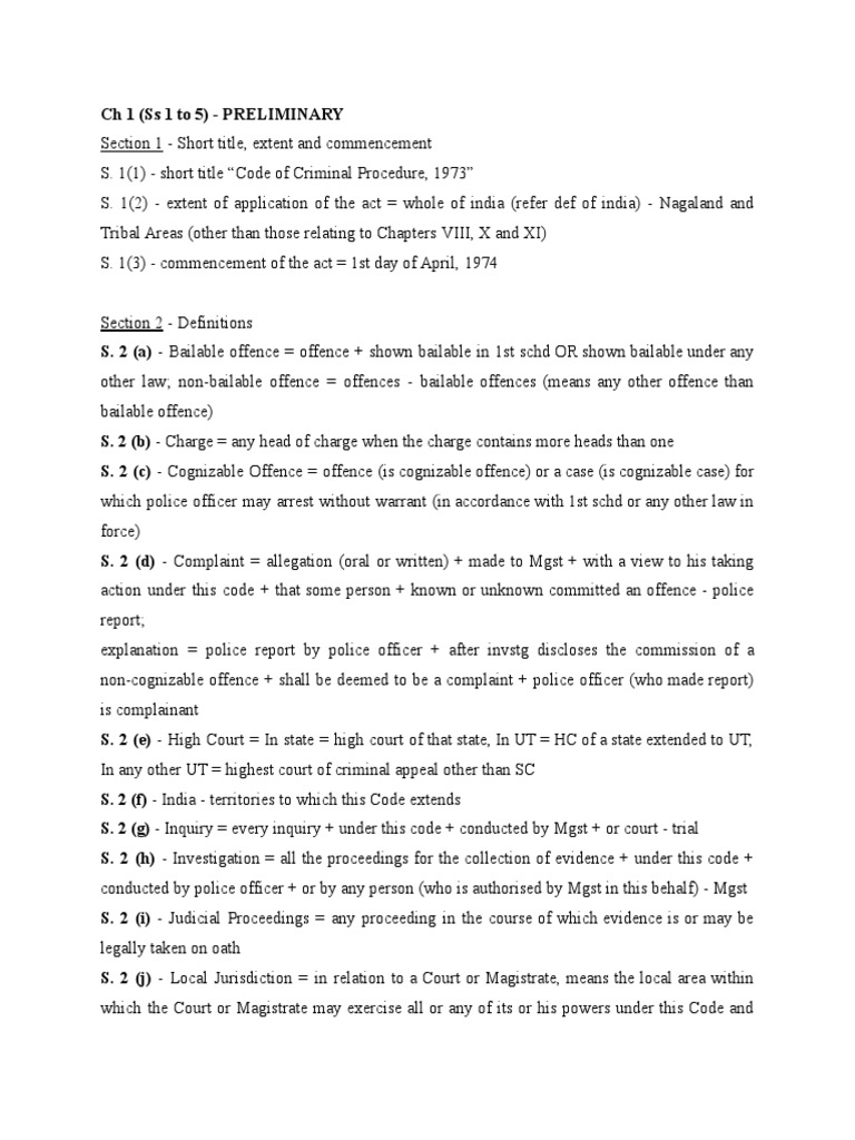 Notes - CH 1 and 2 of CRPC | PDF | Bail | Magistrate