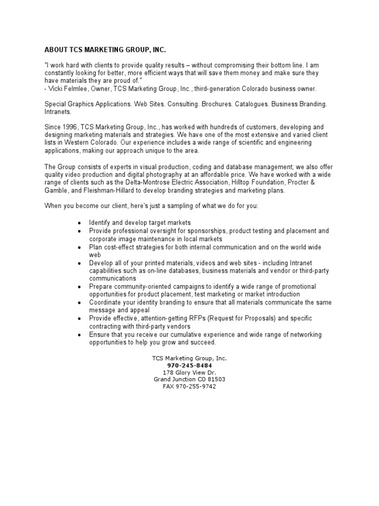 TCS Marketing Group, Inc. 178 Glory View Dr. Grand Junction CO 81503