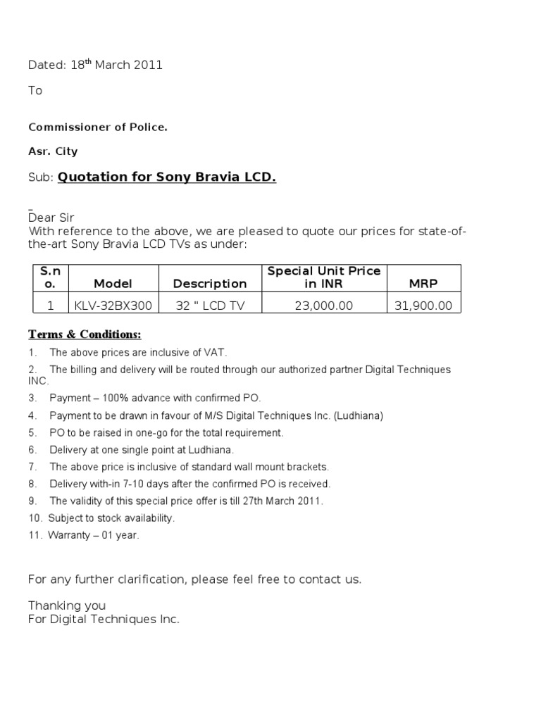 Quotation For Sony Bravia LCD.: Commissioner of Police. Asr. City | PDF ...