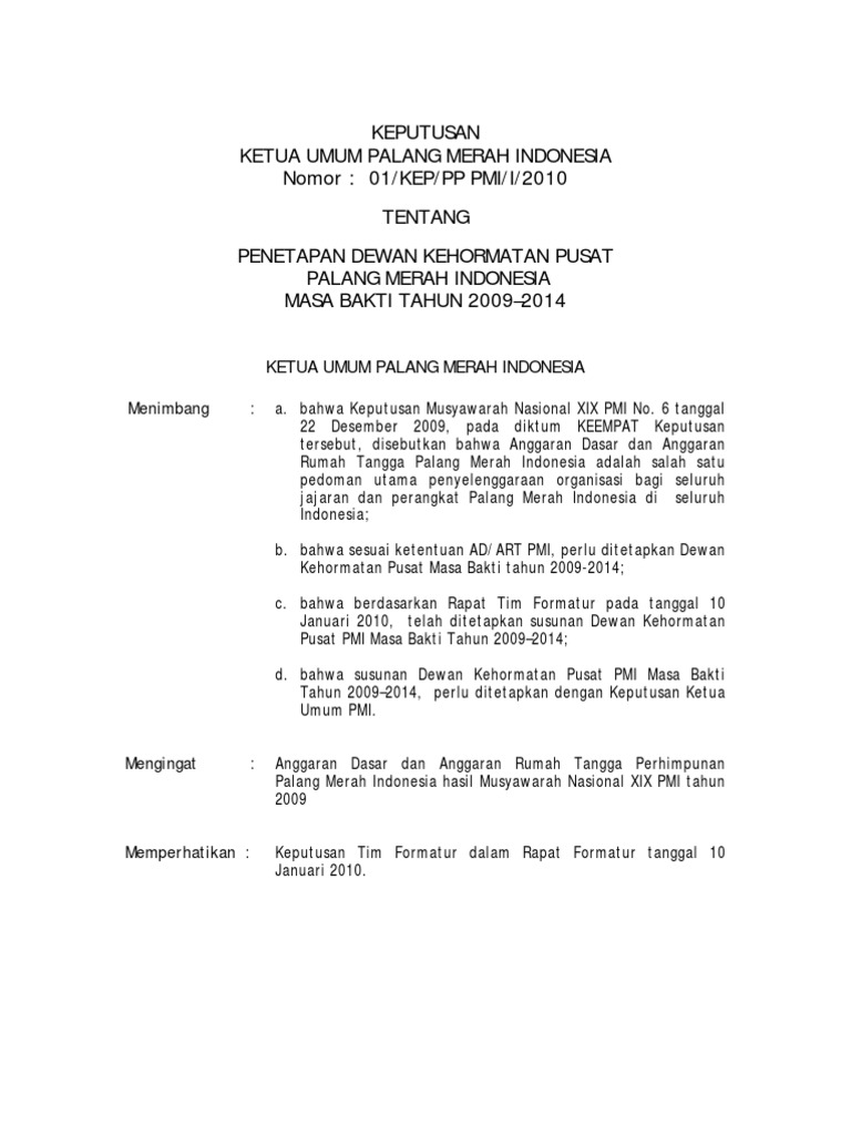 Surat Keputusan Pp Pmi Masa Bakti 2009 2014