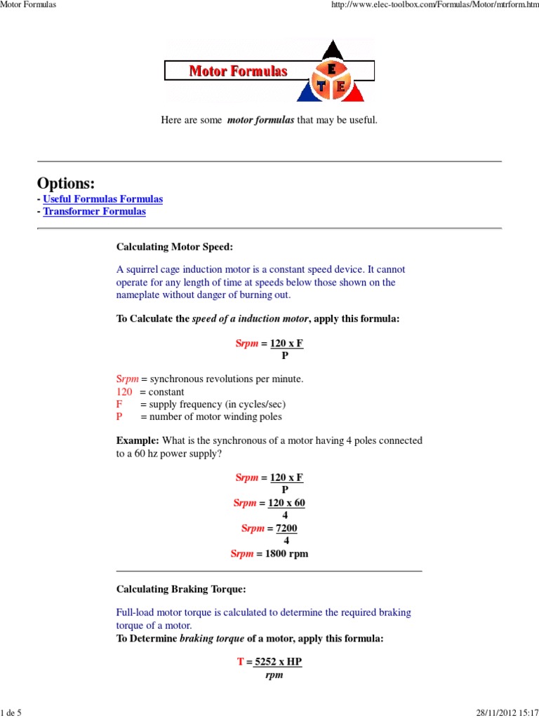 Essential Motor Formulas Calculating Speed, Torque, Horsepower and