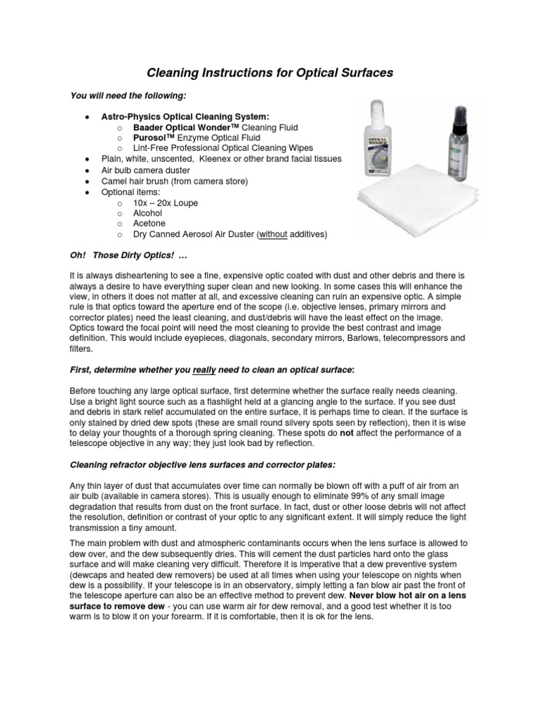 Cleaning Instructions For Optical Surfaces You Will Need The Following