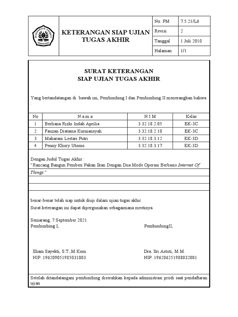 Surat Keterangan Siap Ujian Tugas Akhir | PDF