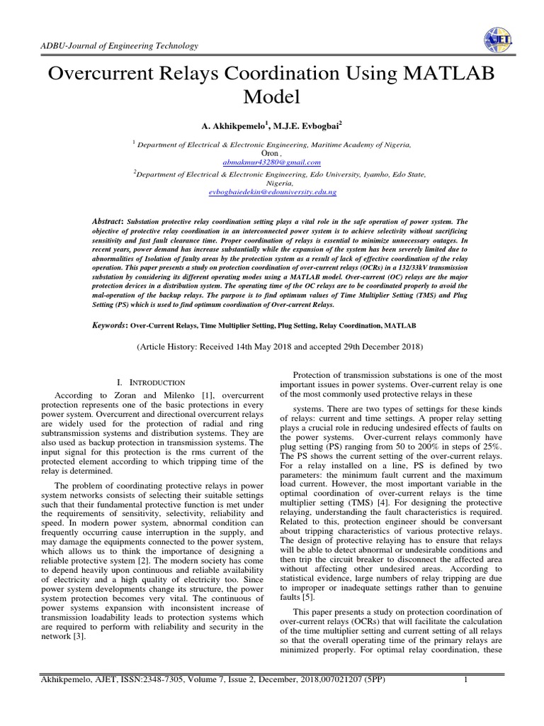 Overcurrent Relays Coordination Using MATLAB Model A. Akhikpemelo M.J