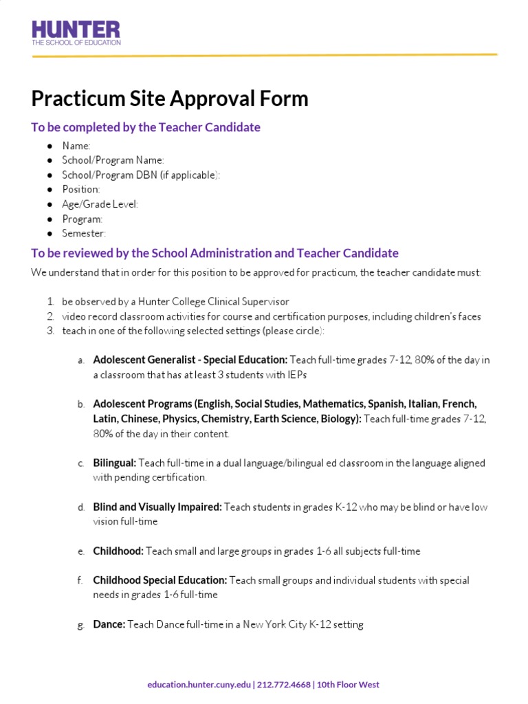 Requirements for Hunter College Teacher Candidate Practicum Placements