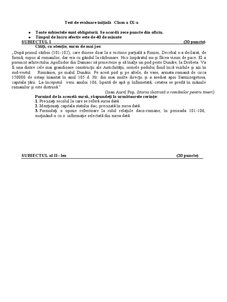 Test de Evaluare Inițială Clasa A IX | PDF