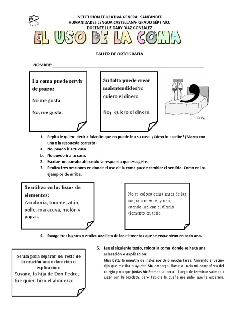 Taller de Uso de la Coma para Séptimo | PDF | Artes del Lenguaje y ...