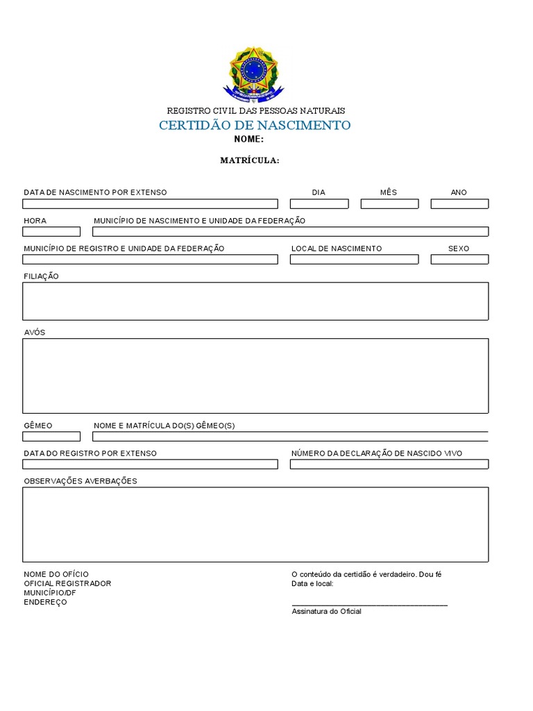 Certidão de Nascimento: Modelo e Registro | PDF