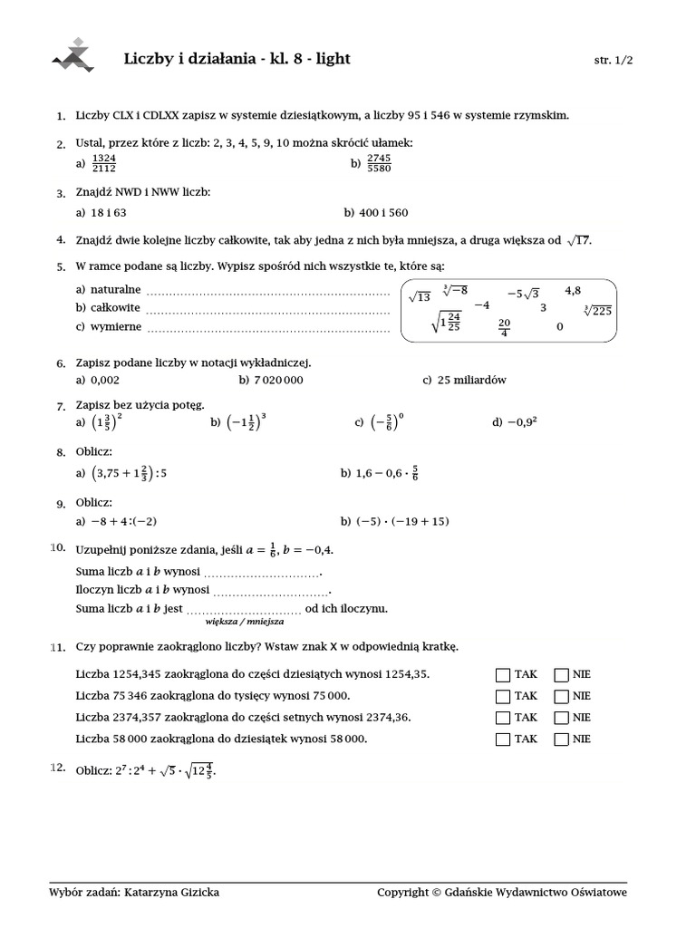 Sprawdzian Matematyka Klasa 5 Liczby I Działania