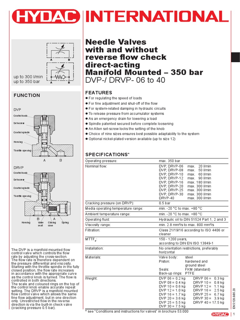 Needle Valves With and Without Reverse Flow Check Direct-Acting Manifold  Mounted - 350 Bar | PDF | Valve | Throttle