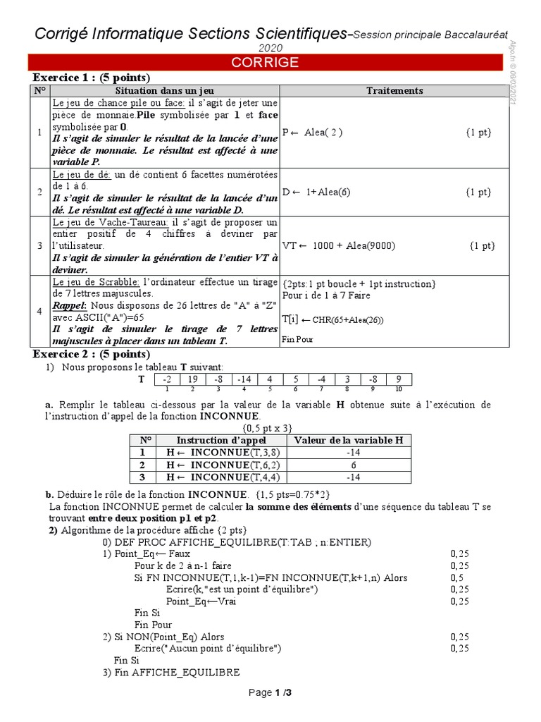 Corrigé Informatique Bac 2020 | PDF | Informatique | Informatique