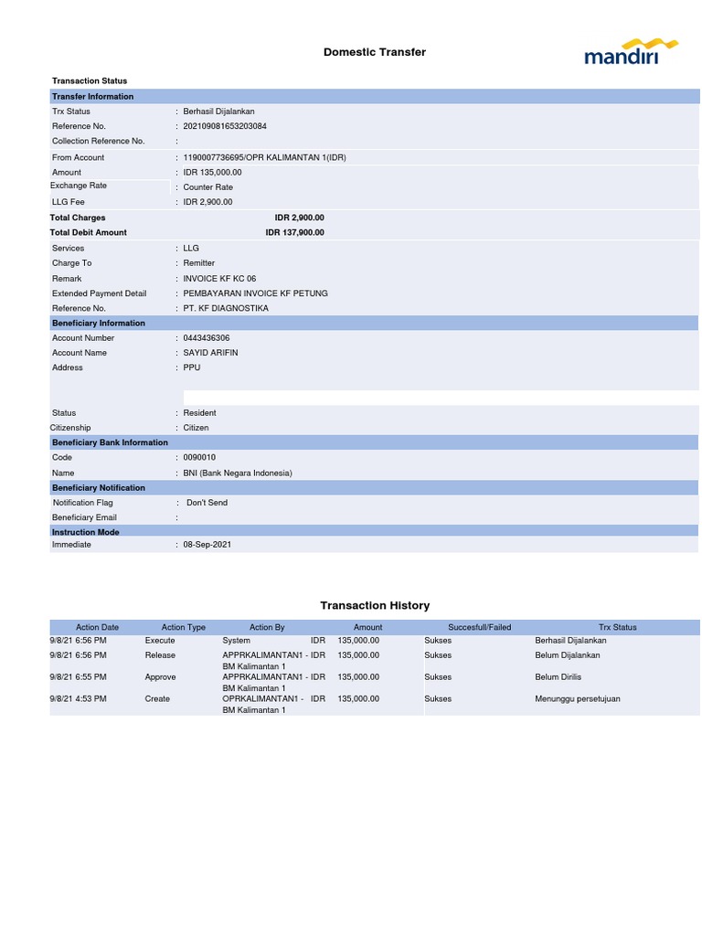 Domestic Transfer: Transaction Status Transfer Information | PDF ...