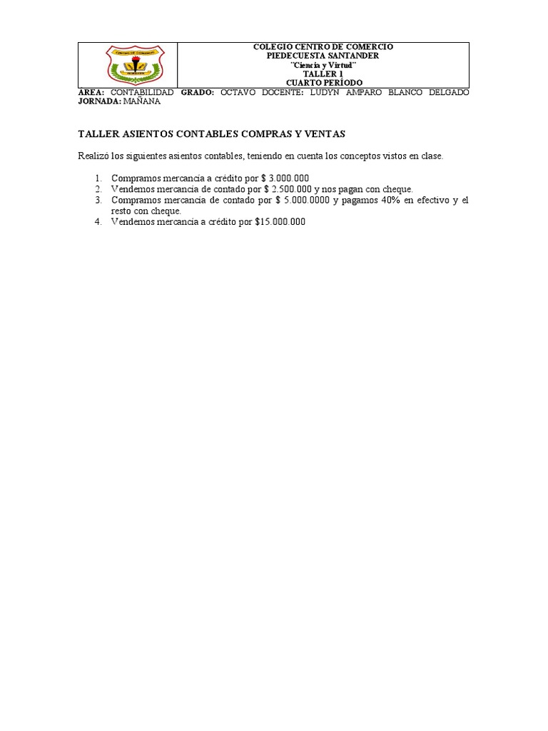 Taller 1 Asientos Contables Compras y Ventas | PDF | Finanzas y dinero