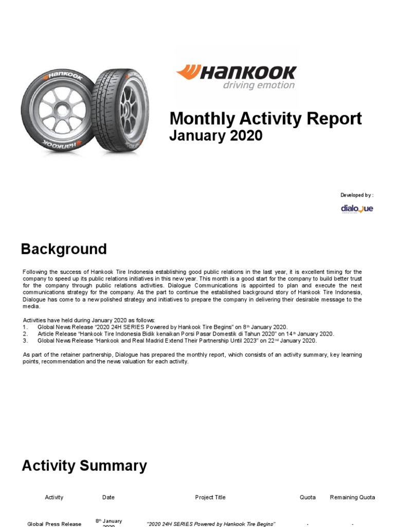 Hankook Tire Indonesia Monthly Report January 2020 PDF Motor Vehicle