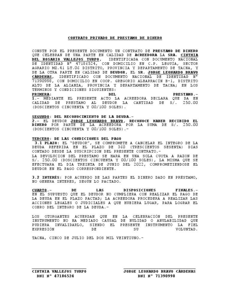 Contrato Privado de Prestamo de Dinero 250 | PDF | Pagos | Crédito